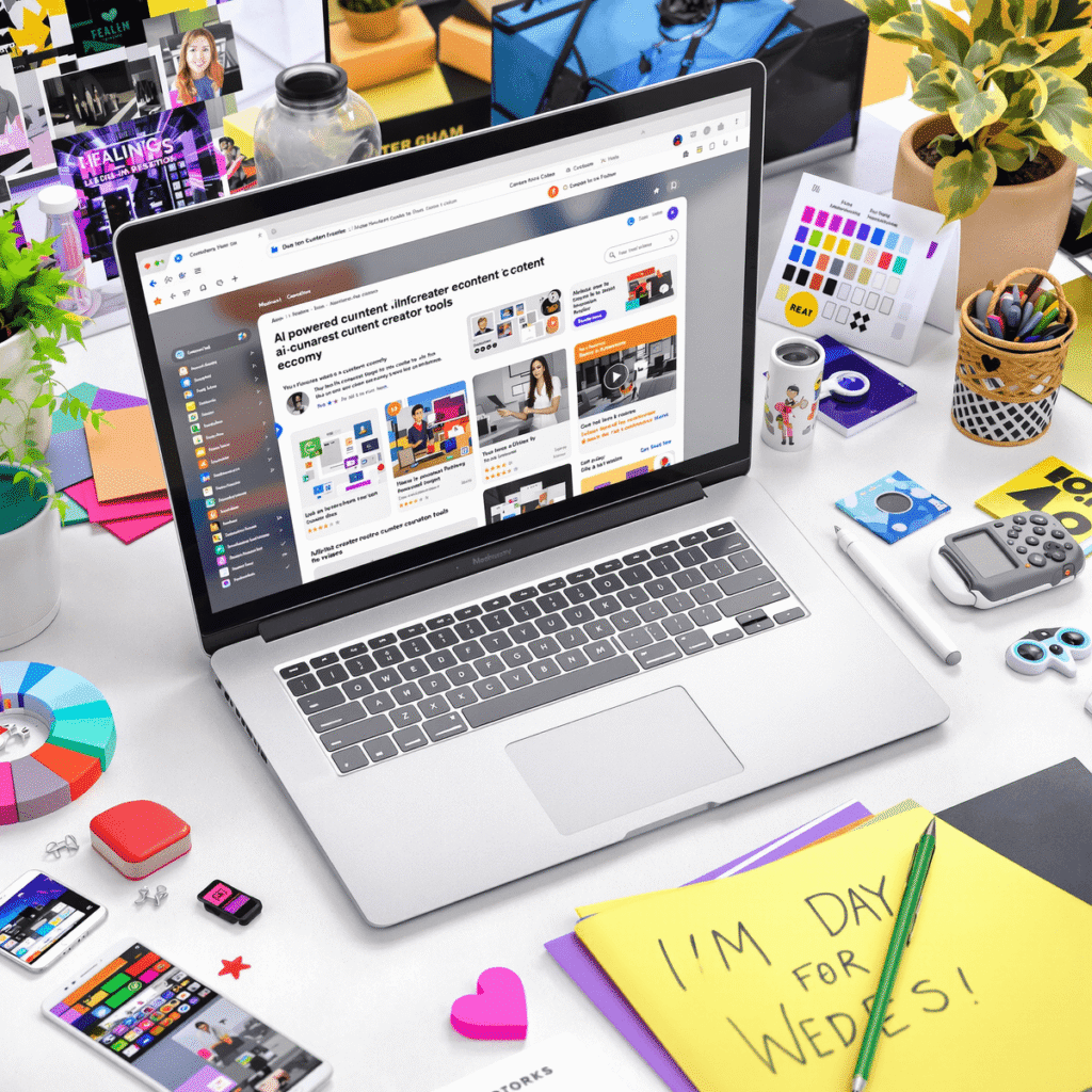 A modern digital workspace with a laptop showing AI content tools, surrounded by graphics, video clips, and notes, symbolizing creativity and productivity.