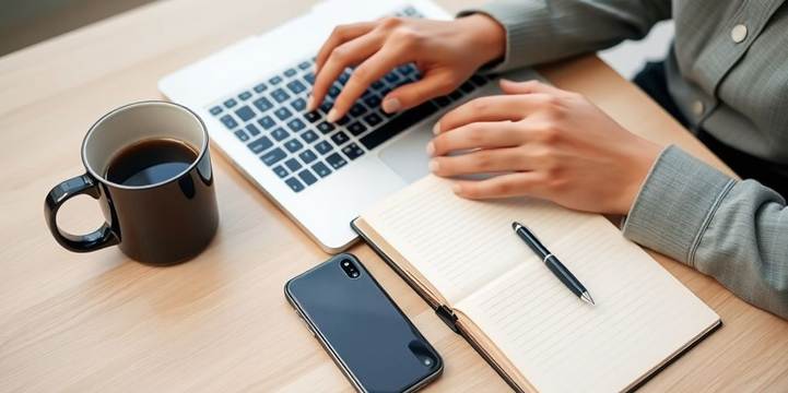 Laptop, coffee, and a notepad on a desk.
