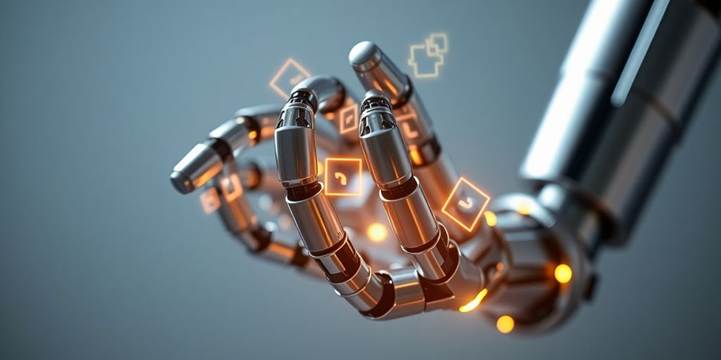 Robotic hand transforming content pieces.