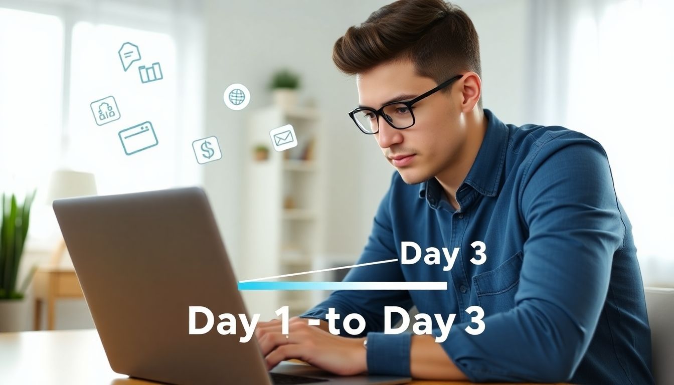 Entrepreneur building affiliate website on laptop with progress bar.